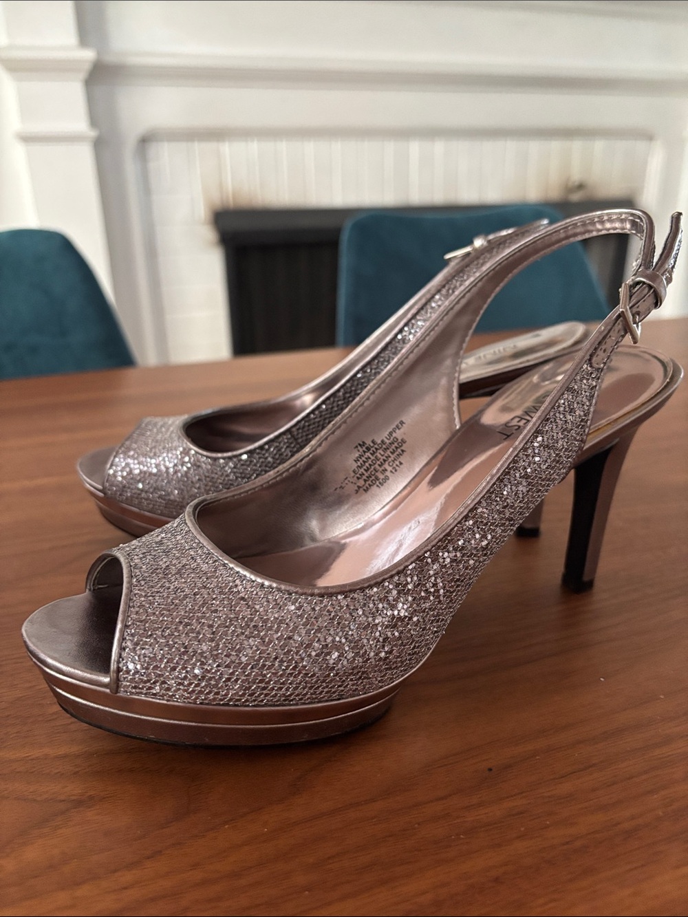Nine West Peep-Toe Slingback Heels in Metallic Silver